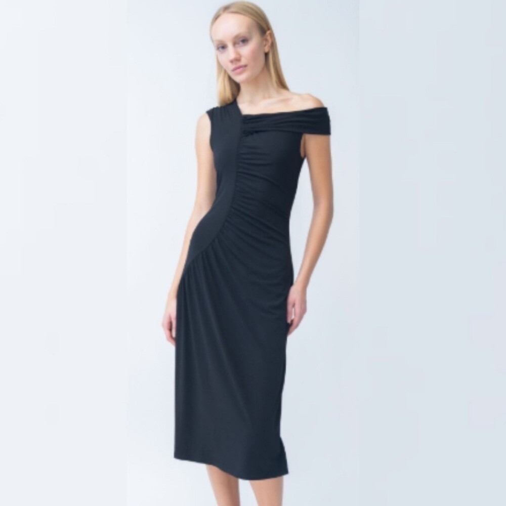 Adrienne Landau Womens Asymmetrical Ruched Off-Shoulder Bodycon Dress Black L